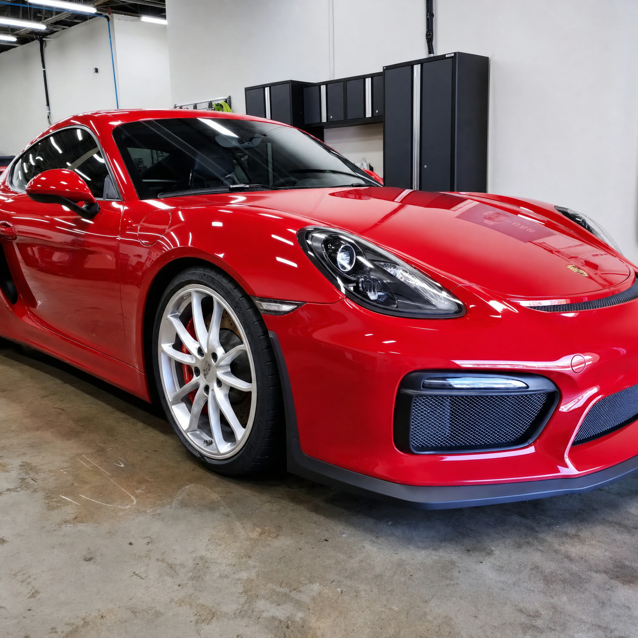 Red Porsche Cayman GT4 in the owner's garage after a full detail