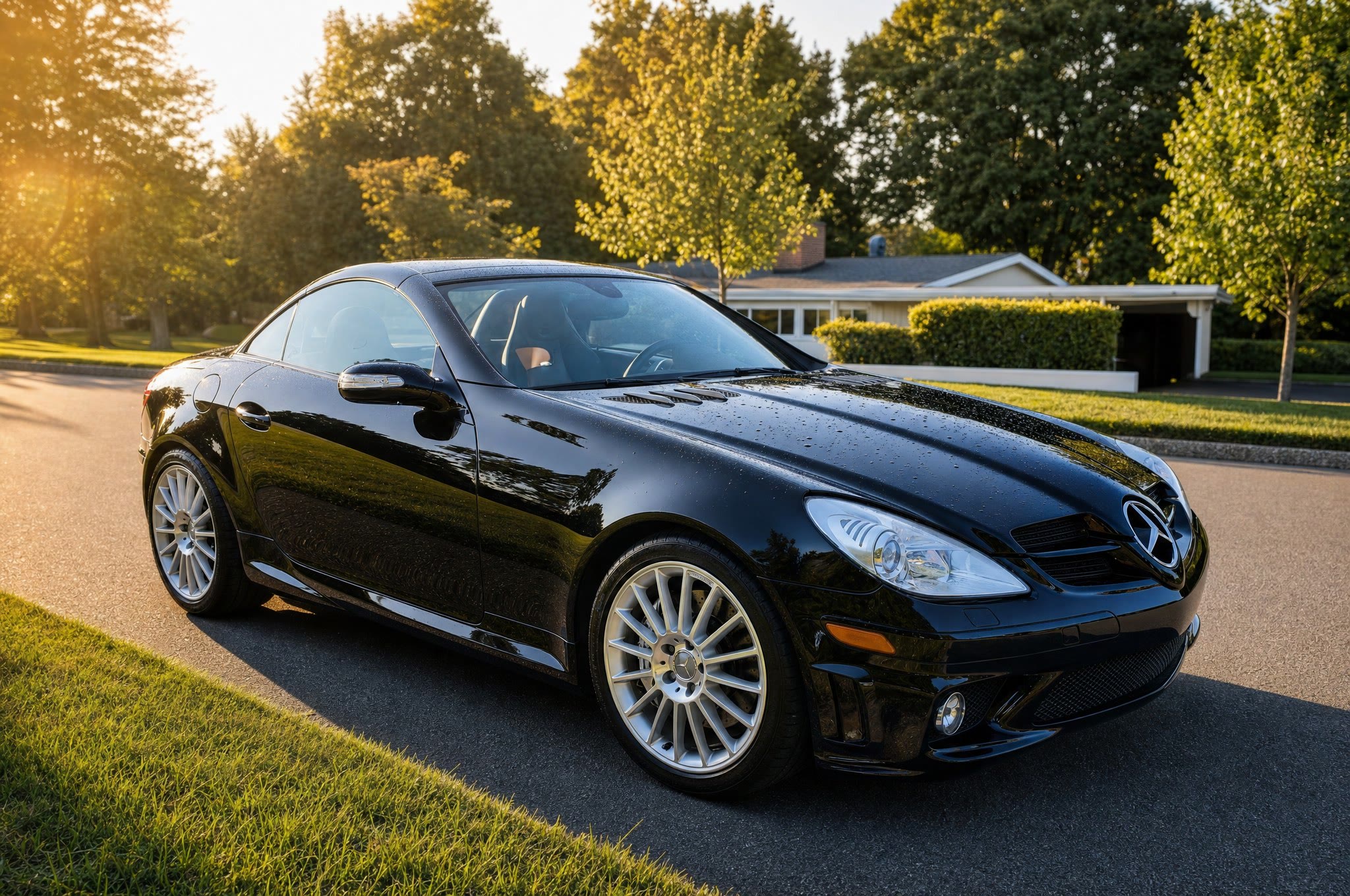 Black Mercedes SLK at golden hour after an exterior detail